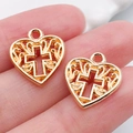 Vintage KC gold hollow heart charm with cross pattern for DIY jewelry bracelets - 1pc Heart Patterned Hollow Cross 16x14mm (20343)