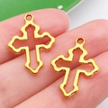 Hollow gold alloy cross pendant charm for DIY bracelets with a shiny metallic finish - Hollow Cross Style (20379)