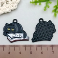 Cute black cat reading a book enamel charm for DIY jewelry making with gold-tone back - Absent-minded Cat Style (21804)