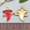 Cartoon chili charm with red enamel finish and golden metal back for DIY jewelry - Red Moustache Chili (21843) / 24x19mm