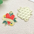 Red enamel heart charm with Best Mama text and gold grid textured back for DIY jewelry - Red Heart With Green Leaves (18539)