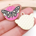Pink enamel round pendant with black butterfly motif for DIY jewelry making - Patterned Butterfly Style (18698)