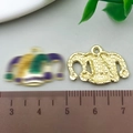 Front and back views of Mardi Gras crown alloy charms with purple green enamel - Jester Hat