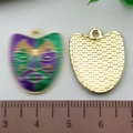 Masquerade mask alloy pendant with green and purple enamel and gold mesh back - Mask 22x18mm