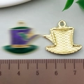 DIY gold alloy teacup charm with purple and green enamel finish and textured back - Hat