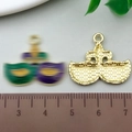Golden Mardi Gras mask charm with purple and green enamel filling for DIY crafts - Masked