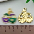 Alloy Mardi Gras mask pendant in purple and green with gold striped textured back - Clown Mask