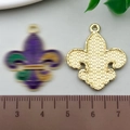 Fleur-de-lis metal alloy pendant in gold finish with purple and green enamel fill - Iris