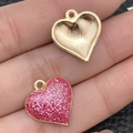 Pink glitter heart charm pendant with gold metal border for DIY jewelry making - Pink Gold Glitter Heart (14323) / 15x17mm