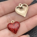 DIY heart pendant charm with red glitter enamel finish and gold alloy metal base - Red Gold Glitter Heart (14326) / 15x17mm