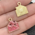 Pink envelope charm with red hearts and golden textured back for DIY jewelry - Pink Glitter Envelope (21452) / 16x14mm