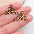 Antique bronze musical note charms featuring 'I Love Music' text for DIY jewelry - Heart MUSIC (20905)