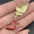Cupid's arrow red glitter heart charm for DIY jewelry making in gold plated finish - Red Glitter Arrow Through Heart (21459) / 16x27mm