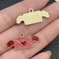 Pink heart envelope pendant with red glitter wings and gold rectangle charm - Pink Glitter Winged Envelope (21462) / 13x29mm