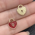 Golden heart lock charm and red glitter enamel pendant for DIY jewelry accessories - Red Glitter Heart Lock (21464) / 13x11mm