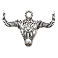 Pendentif crâne de taureau argenté rétro avec gravure creuse pour bijoux DIY - Grande Tête de Taureau Évidée (18709)