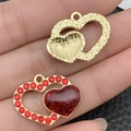 Golden heart charm with red rhinestones and glitter pendant for jewelry making - Red Glitter Rhinestone Heart (21473) / 18x23mm