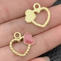 DIY jewelry charm in heart shape with gold finish and pink glitter inlay for bracelets - Pink Glitter Hollow Heart (21476) / 18x18mm