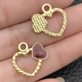 DIY jewelry charm set with gold heart frames and red sequin enamel finish on hand - Red Glitter Hollow Heart (21477) / 18x18mm