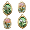 Vintage floral alloy charms in pink and green with gold frame and pearl accents - Baroque Pearl Flower Series (SN963)