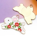 White enamel rabbit charm with floral pattern and golden metal backing for DIY jewelry - Rabbit with Flowers (18895) / 1 Piece/Pack (19X27mm) / Colorful