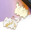 Cartoon white enamel cat pendant with floral patterns and gold plated backing - 1 Piece (21x26mm)