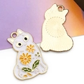 White enamel cat pendant with yellow daisies and gold plating for DIY jewelry making - 1 Piece (18x28mm)