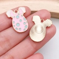 Pink enamel Easter bunny egg alloy pendant with golden metal edges for DIY jewelry - Pink Dotted Pattern (18601)