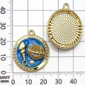 Blue ocean starfish enamel pendant with gold squid and pearls, 25mm diameter scale view - Pearl Clam Shell Style (22061)