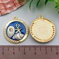 Blue enamel starfish and seashell round charms with pearl border and golden back finish - Broken Shell Conch Style (22063)