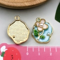 Blue Monet-inspired floral enamel pendant with pearl accent and gold metal back - Light Blue Gold Speckled White Flower (22077)