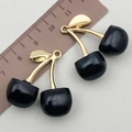 DIY black resin cherry pendant with golden metal leaves for earrings and jewelry making - Black Acrylic (22862)