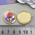 DIY retro floral enamel pendant with red rose and pearl inlay in golden alloy - 28x24mm / Pink Purple Rose (22097)