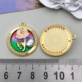 Vintage round enamel flower pendant with pink rose and pearl accent, 3cm size - 28x24mm / Purple Rose Pearl (22101)