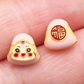 Pink enamel lucky charm beads with gold trim and Fu character for DIY bracelets - Pink Medium Straight Hole Smiley Zongzi (22624)