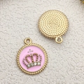 Pendentif couronne émaillé rose avec cristaux pour colliers DIY et bijoux - 16x19mm / Couronne Ronde Rose Strass