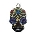 Totenkopf Anhänger mit blauem Diamanten und Dollarzeichen für DIY Schmuckbau - Silber Emaille Halloween Bedruckter Schädel (16953)