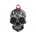 Totenkopf Anhänger mit Tag der Toten Rosenmuster für DIY Armbänder und Schmuck - Silber Emaille Halloween Bedruckter Schädel (16951)