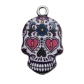 Totenkopf-Anhänger mit blauen Blumen und rosa Herzen im mexikanischen Totenkopf-Stil - Silber Rosaroter Emaille Bedruckter Schädel (16950)