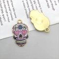 Zuckerschädel Anhänger für DIY Schmuck mit bunten Blumenmustern und goldener Rückseite - KC Gold Emaille Halloween Bedruckter Schädel (12472)