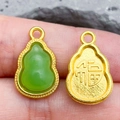 Golden gourd pendant with green jade inlay and Fu character for DIY jewelry - Green Gourd Fu Character (22218)