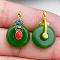 Green faux jade round pendant with gold floral enamel inlay and metallic base - Green Round Cloud Buckle (22220)