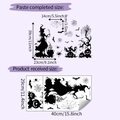 Detailed Halloween wall decal sheet showing layout sizes with witch and pumpkin silhouettes - HY-F557UV Fully Transparent / 29x40cm