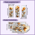 Detailed dimension guide for golden floral triptych wall stickers showing received and pasted sizes - Gold Tulip Triptych (HY-F530)