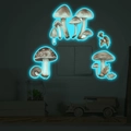 Detailed view of luminous watercolor mushroom wall stickers glowing blue in dark room - MG-YK019 Blue Glow / 15x18cm