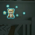 Luminous wall stickers featuring a cute brown bear and five glowing blue-green stars - Blue Glow (MG-YK035)