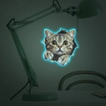 Vista detallada del adhesivo de pared de gato luminoso con brillo cian en cuarto oscuro - 24*24cm / Azul