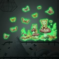 Adesivi murali fluorescenti con orso e gatto su funghi e farfalle per camera da letto - 30x40cm / Verde Luminoso