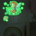 Detailed view of green glowing fairy and mushroom wall stickers in a dark nursery room - 13*20cm / Fluorescent Green