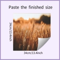Close-up of self-adhesive wheat field wall sticker showing 34cm square size and peel back - Autumn Wheat Field Landscape (HY-F376) / 34x34cm